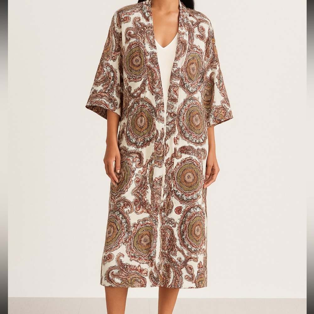 POL Kimono Open Cardigan Duster Cream Satin Lightweight Multicolored Size L